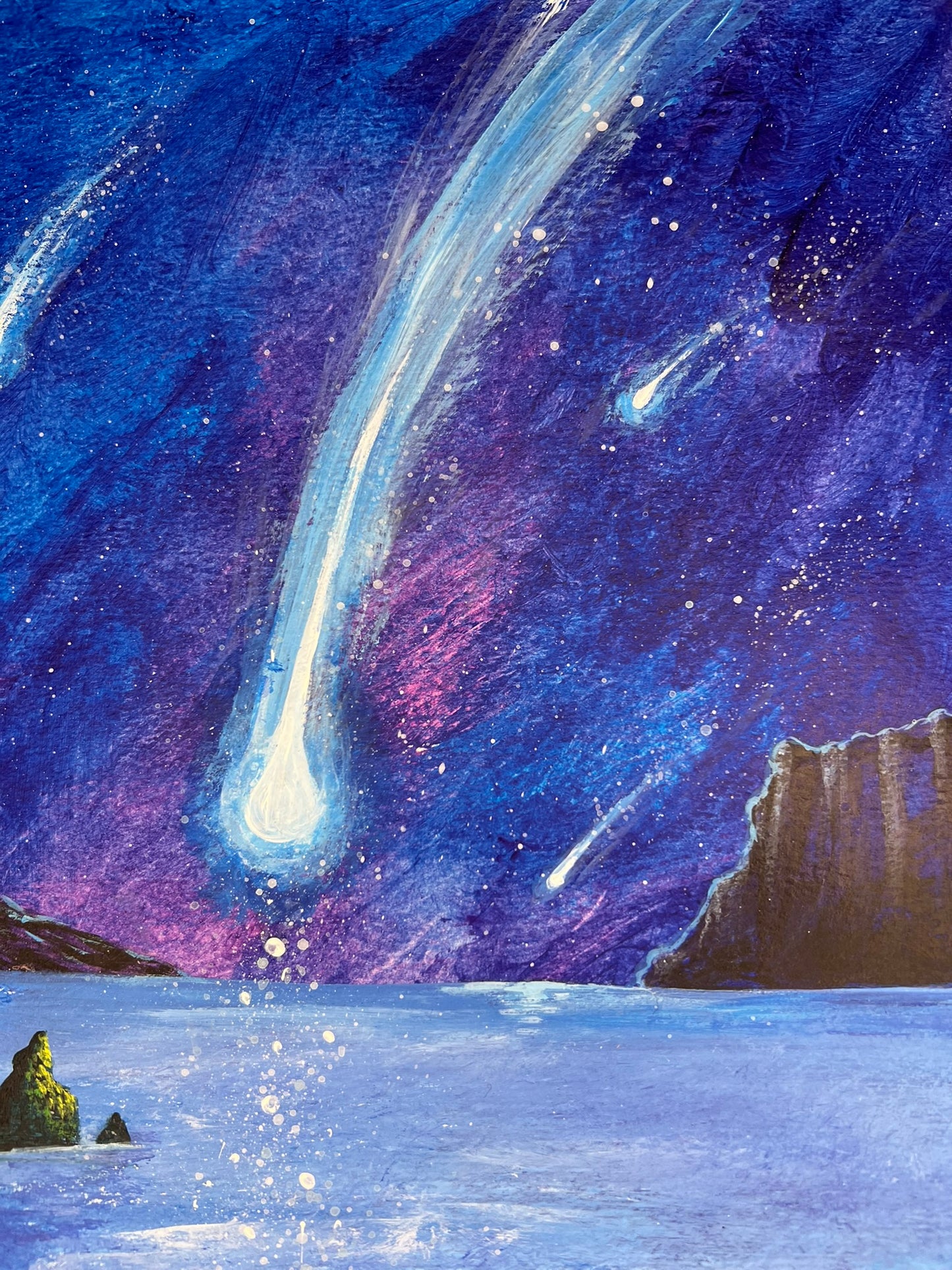 9x12 acrylic painting of glowing white figures in a circle under a meteor-filled night sky