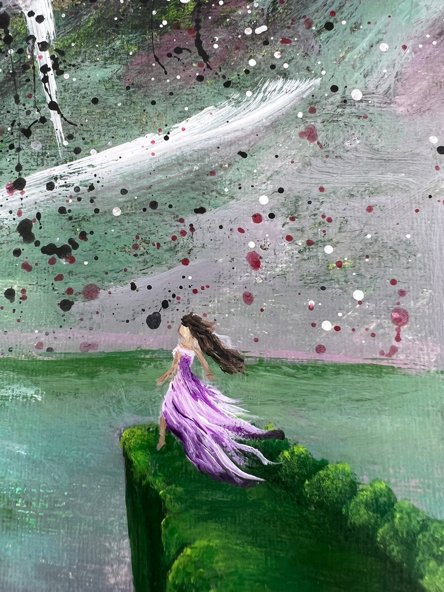 Empowering 9x12 painting of a woman gazing at her future from a cliff’s edge