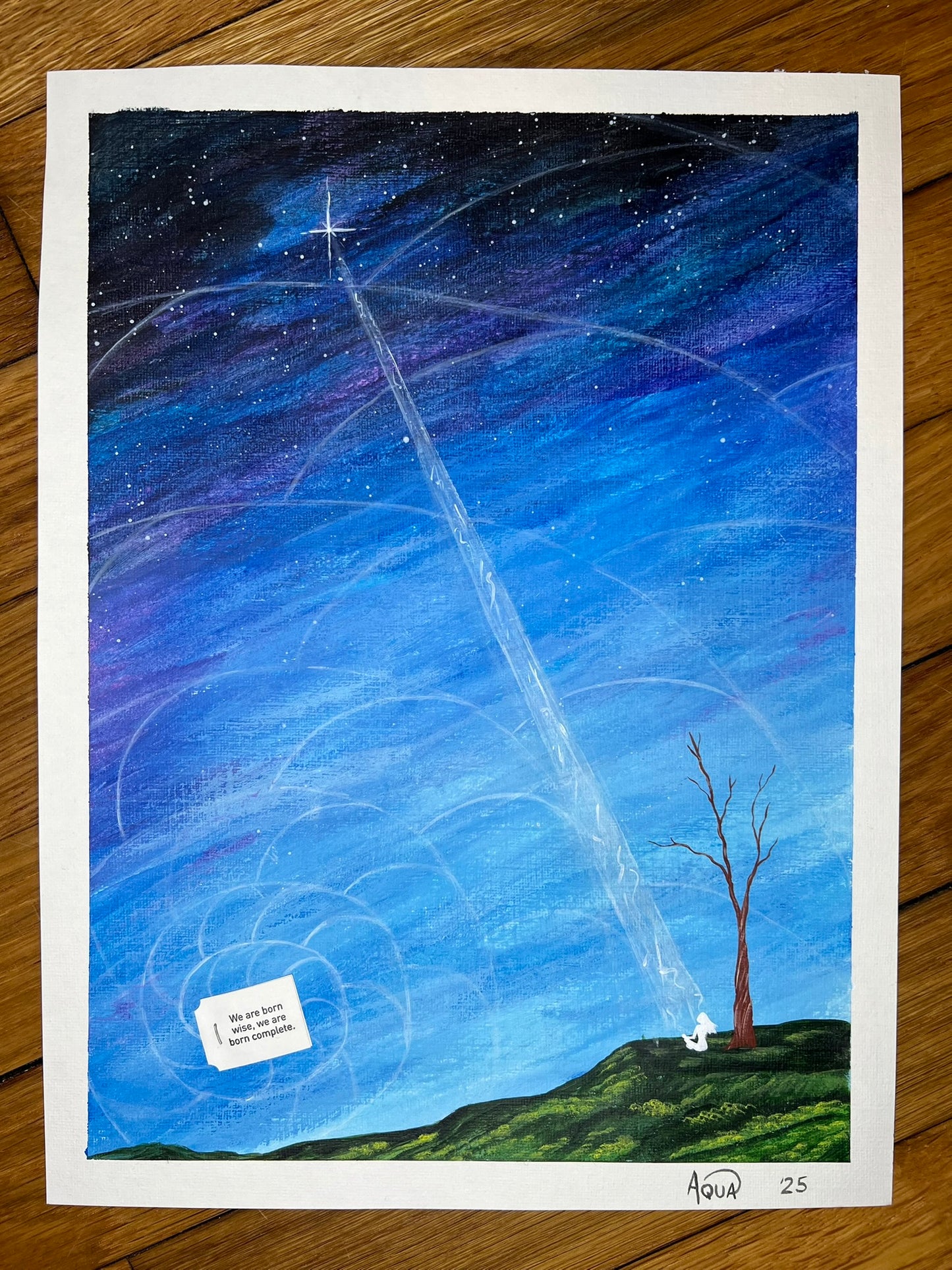 9x12 acrylic painting of a glowing white figure meditating under a tree beneath a starry blue sky