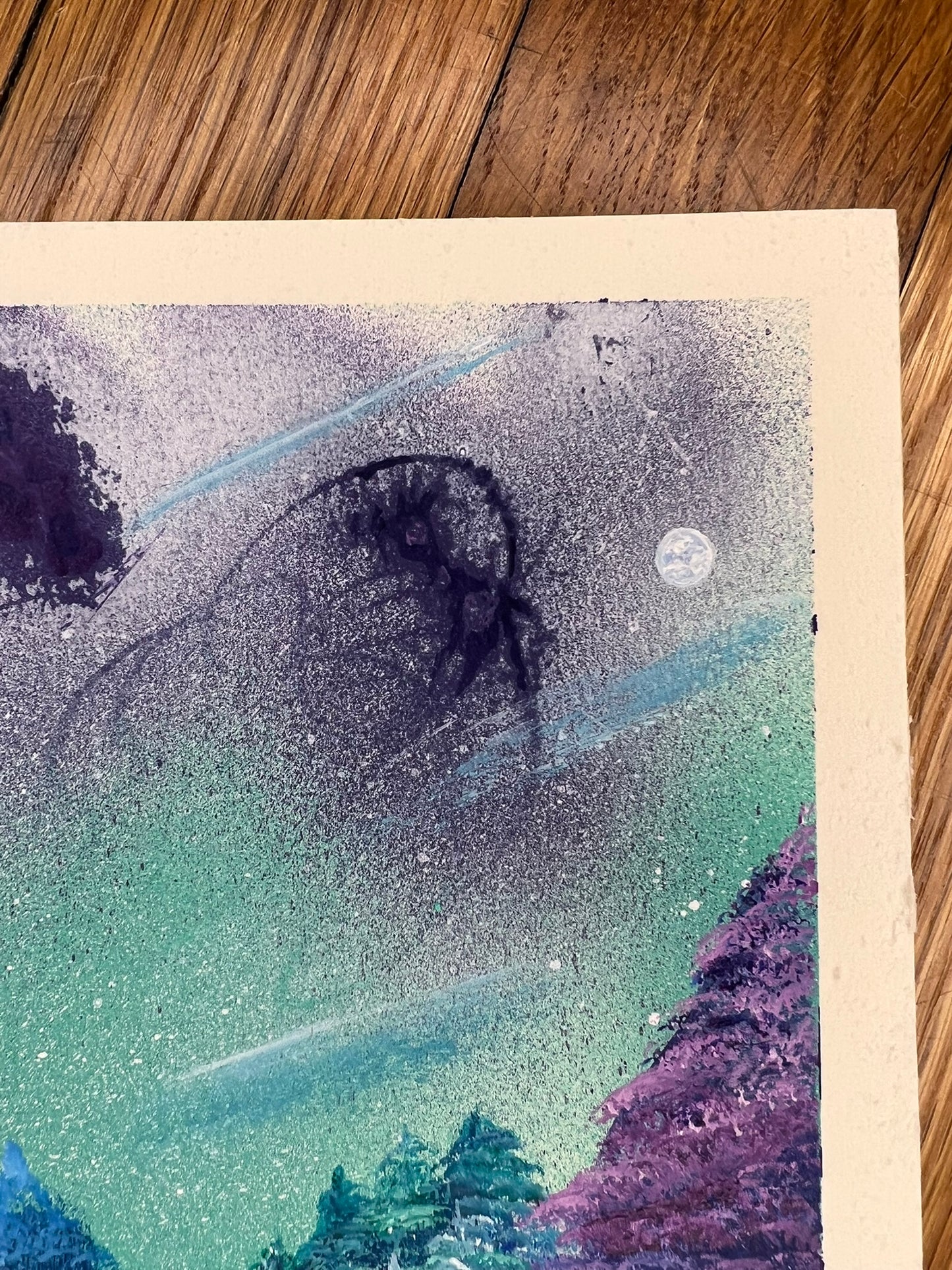 Serene acrylic artwork with blues, greens, and purples in a snowy dreamscape