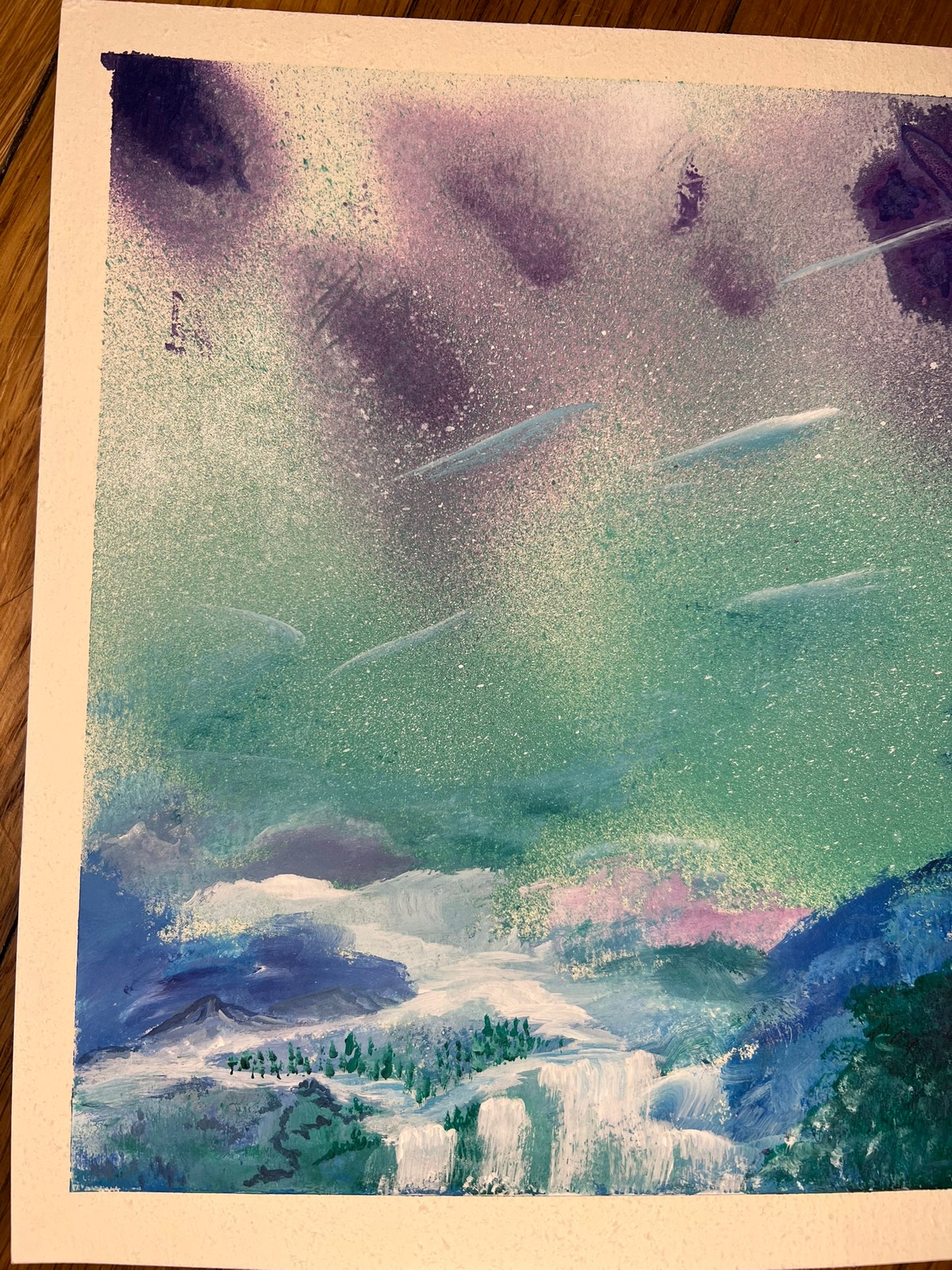 Acrylic painting of snow-covered hills and trees under a soft swirling winter sky