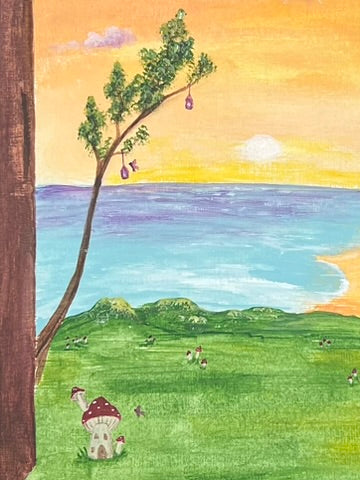 Whimsical acrylic landscape painting featuring sunrise, mushrooms, and a magical doorway