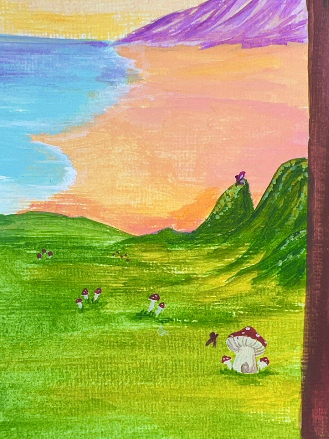 Spiritual fantasy artwork with mushroom houses, ocean horizon, and lush green fields