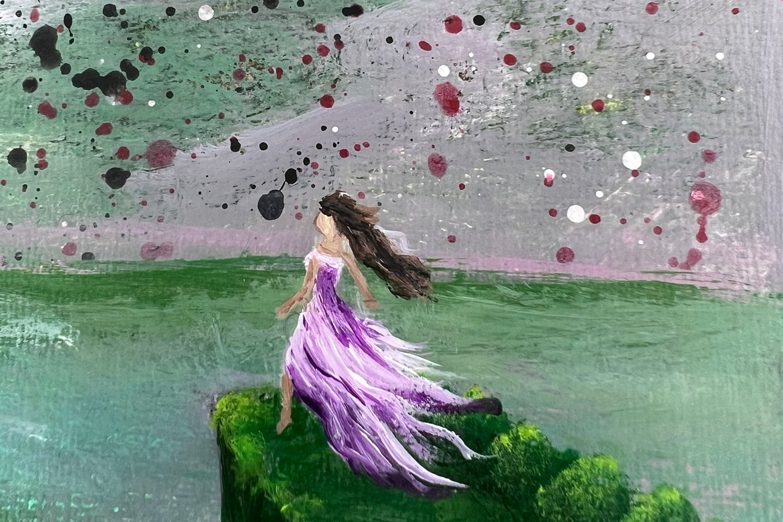 Artistic depiction of a woman in a purple dress standing on a cliff with a colorful, abstract background.