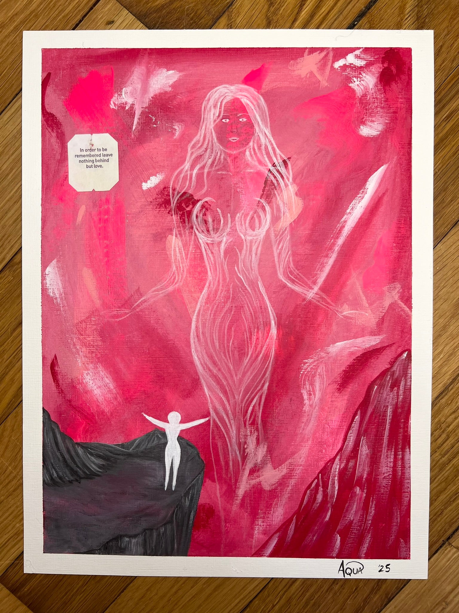 Spiritual painting in red, pink, and white tones showing a small white figure on a cliff reaching toward a glowing divine feminine presence in the sky