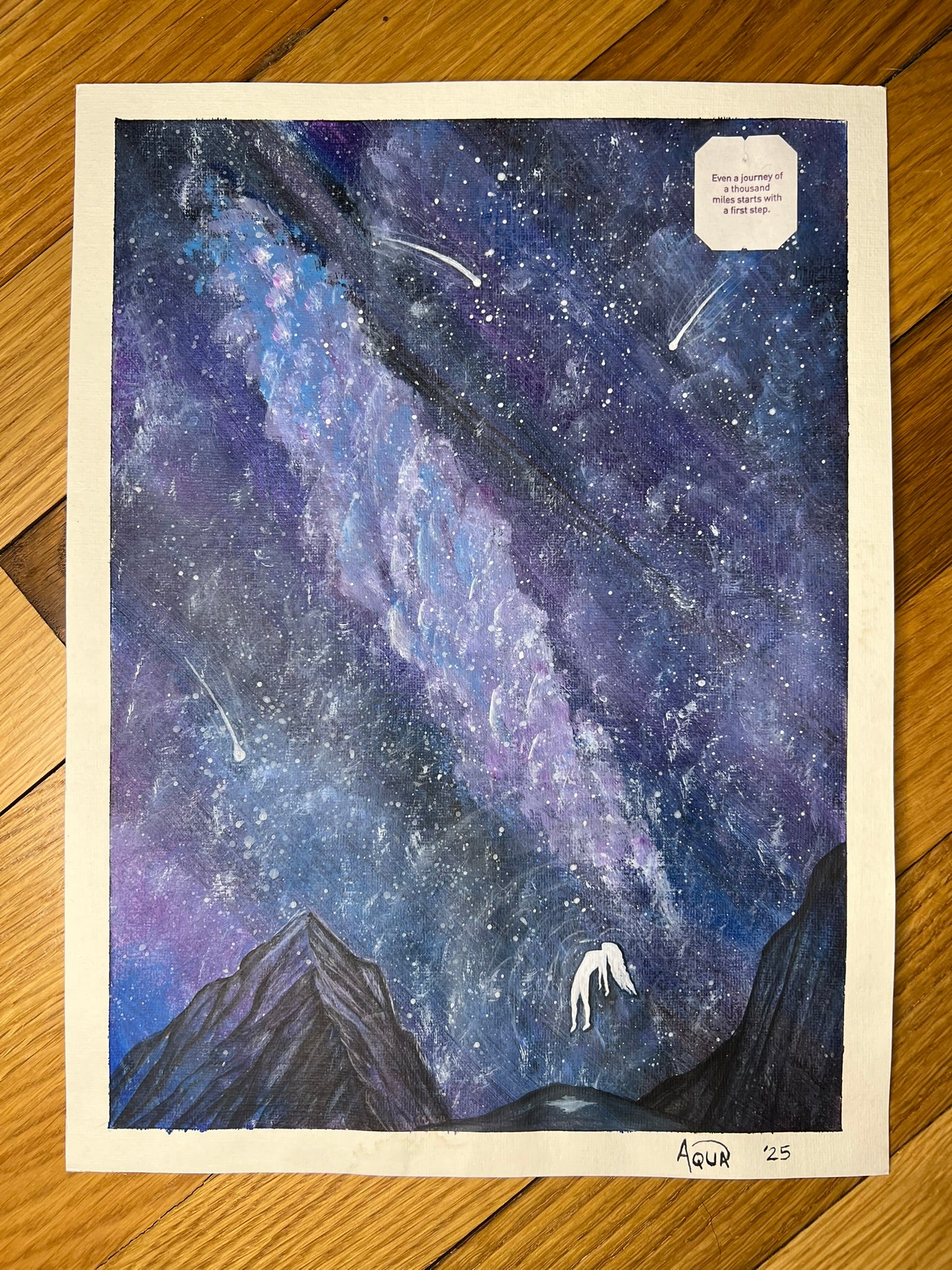 Celestial 9x12 acrylic painting of a white ascending figure in a purple and blue star-filled sky