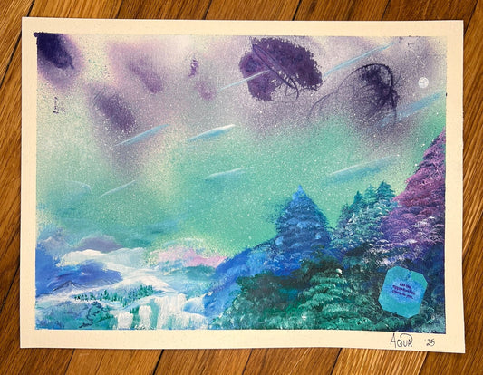 Peaceful winter landscape artwork with spiritual energy and cool tones