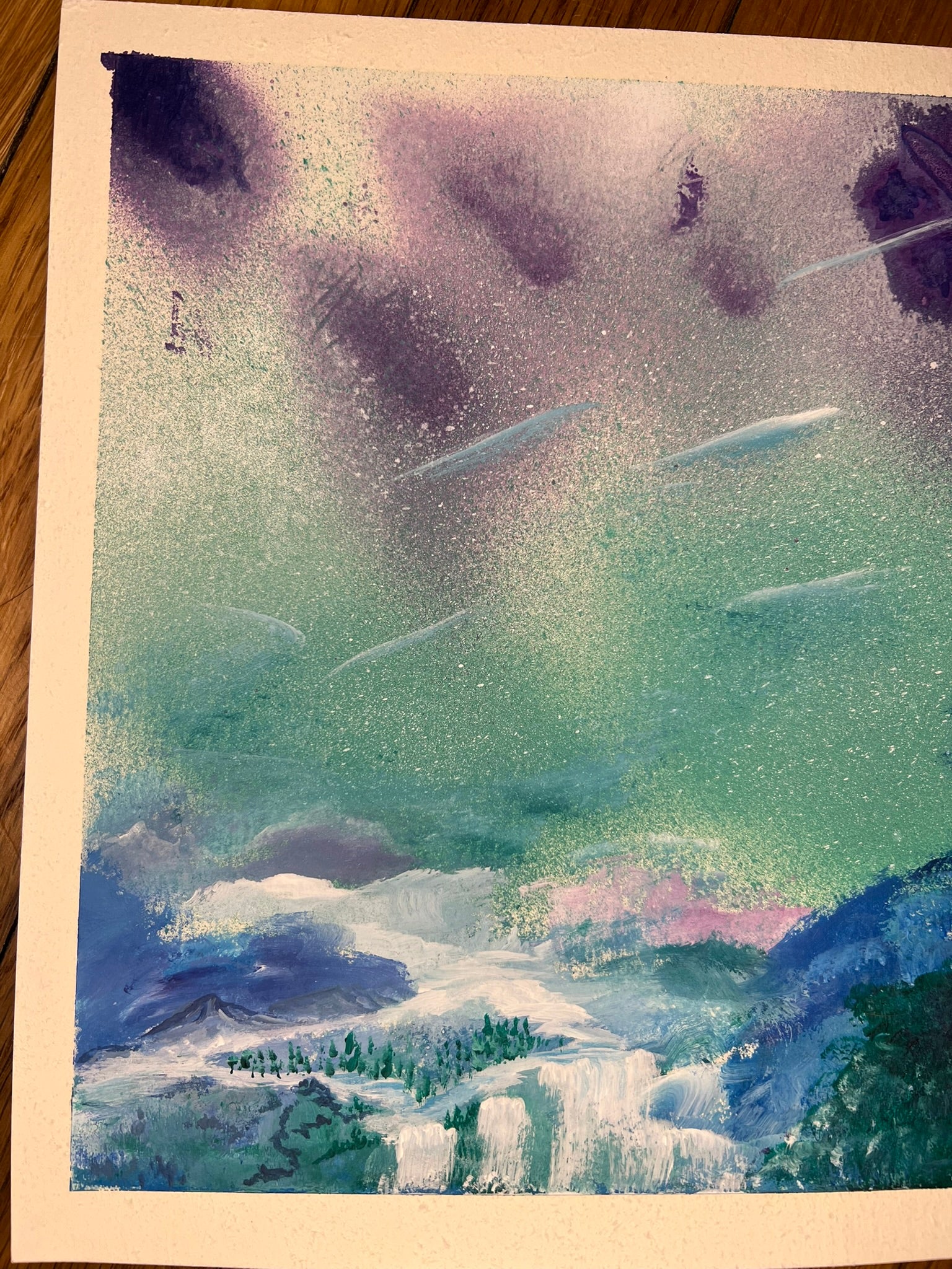 Acrylic painting of snow-covered hills and trees under a soft swirling winter sky