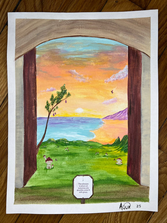 Vibrant 9x12 acrylic painting of doorway opening into fantasy mushroom world and sunrise