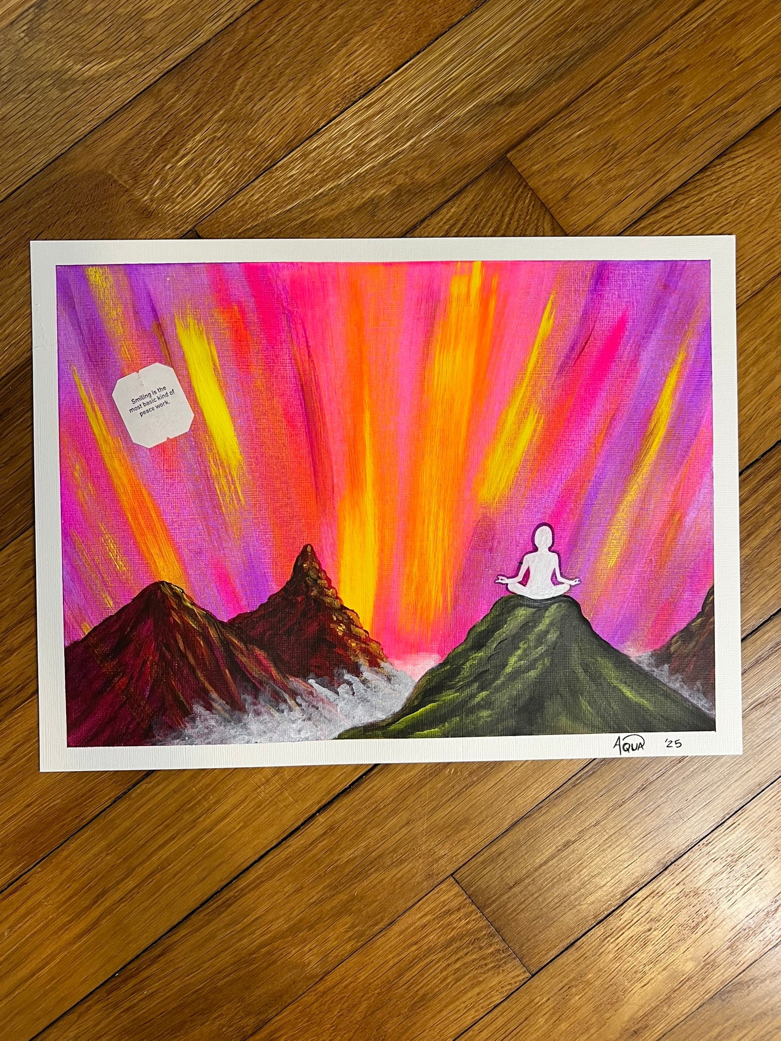 9x12 acrylic painting of white meditating figure under pink sky with yellow light and red-brown mountains